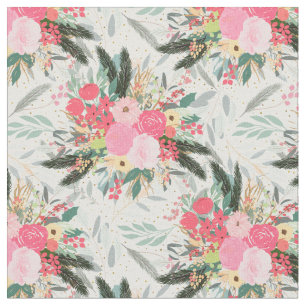 Elegant White Winter Floral & Gold Glitter Dots Fabric