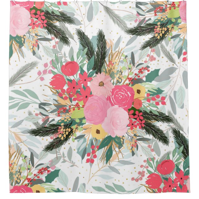 Elegant White Winter Floral & Gold Glitter Dots Shower Curtain (Front)