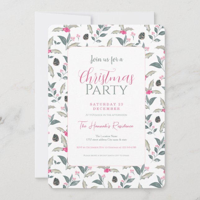 Elegant White Winter floral Watercolor Christmas Invitation (Front)