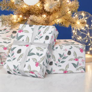 Elegant White Winter floral Watercolor Christmas Wrapping Paper
