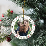 Elegant White Winter Greenery Wreath 1 Photo Ceramic Tree Decoration<br><div class="desc">This elegant and festive photo holiday ornament features a beautiful watercolor wreath of holly, eucalyptus, and berries over a classic white background. The photo cut out is round. The editable greeting on the back says "Merry Christmas" with your own personalised message. These beautiful holiday ornaments make a fabulous gift for...</div>