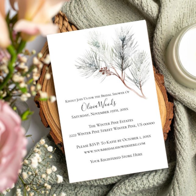 Elegant White Winter Pine Bridal Shower  Invitation (Creator Uploaded)