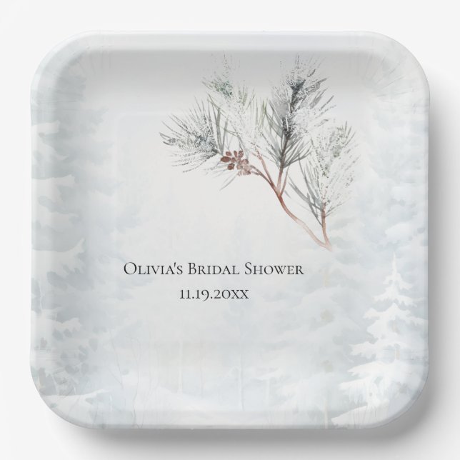 Elegant White Winter Pine Bridal Shower Paper Plate (Front)