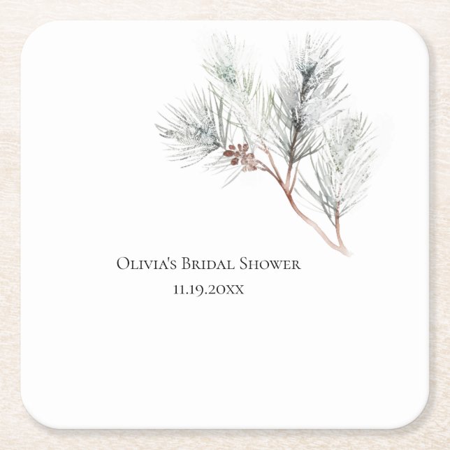 Elegant White Winter Pine Bridal Shower Square Paper Coaster (Front)