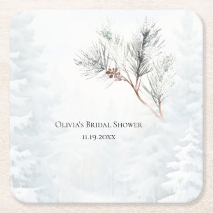 Elegant White Winter Pine Bridal Shower Square Paper Coaster