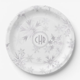 Elegant White Winter Snowflakes Paper Plate