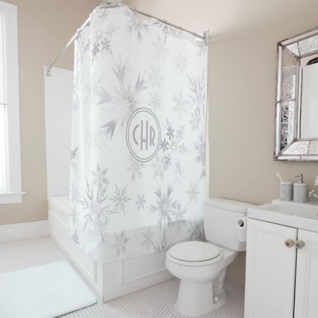 Elegant White Winter Snowflakes Shower Curtain (In Situ)