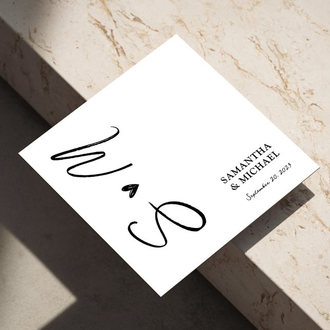 Elegant White with Black Custom Initials Wedding Napkin (Elegant Black and White Script Wedding Napkins)