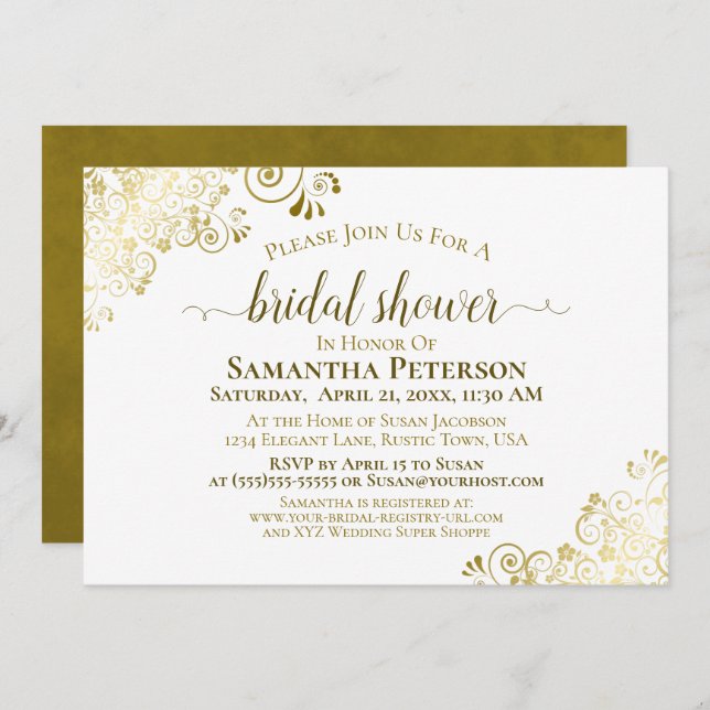 Elegant White With Gold Lace Frills Bridal Shower Invitation (Front/Back)