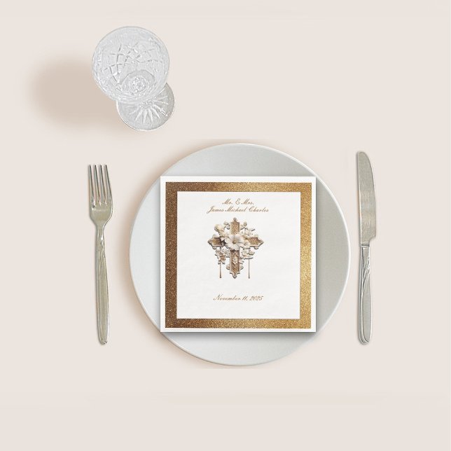 Elegant White with Gold Trim Wedding Dinner Napkin (Creator Uploaded)