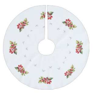 Elegant White with Red Berries & Stars Christmas Brushed Polyester Tree Skirt