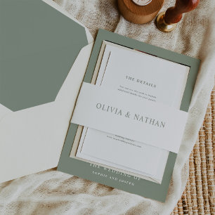 Elegant White with Sage Green Text    Wedding Invitation Belly Band