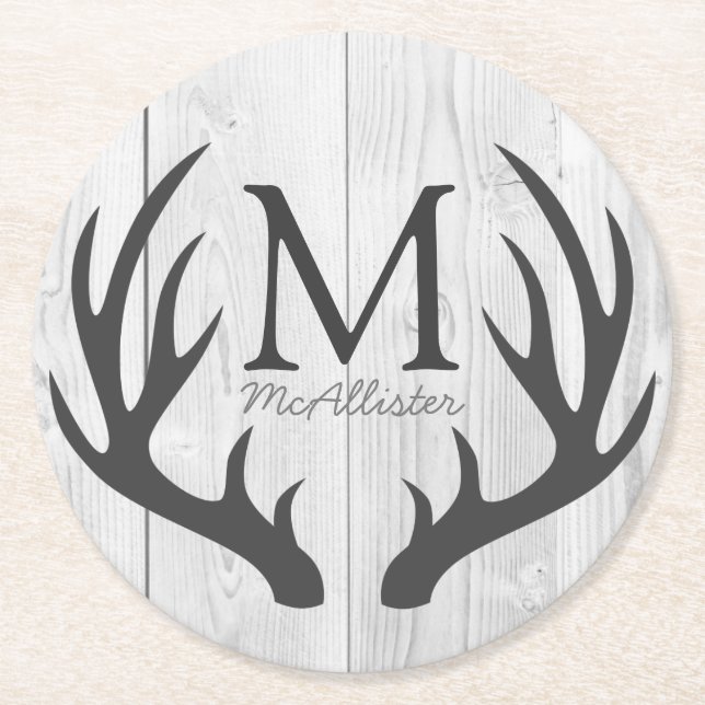 Elegant White Wood & Grey Deer Antlers Round Paper Coaster (Front)