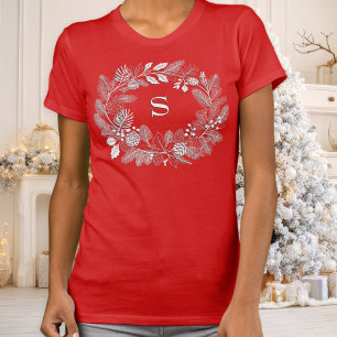 Elegant White Wreath Monogram Minimal Line Art T-Shirt
