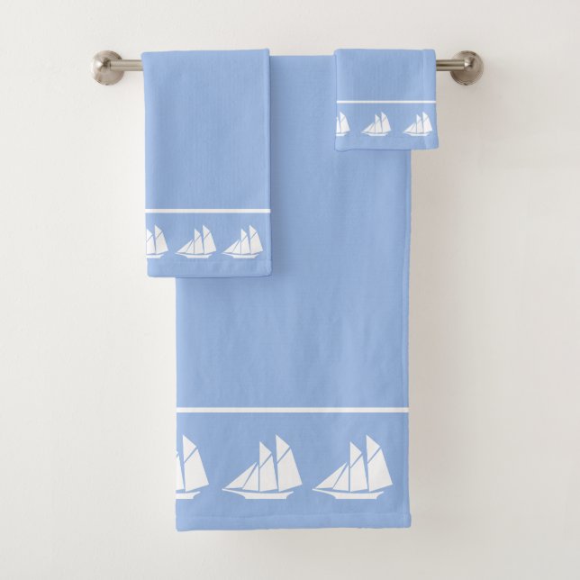 Elegant White Yachts on Sky Blue Bath Towel Set (Insitu)
