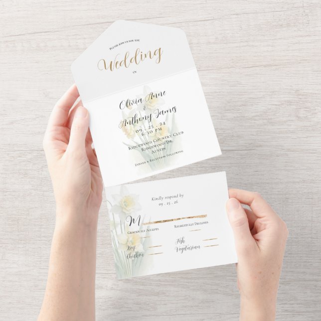 Elegant White & Yellow Daffodils Wedding All In One Invitation (Tearaway)