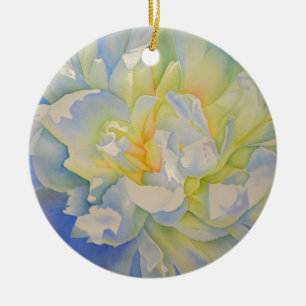 Elegant white yellow peony floral watercolor ceramic tree decoration