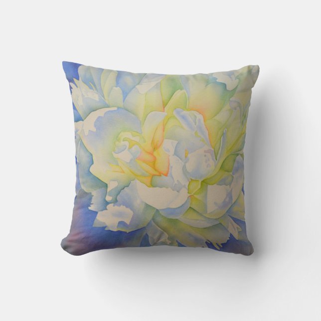 Elegant white yellow peony floral watercolor  cushion (Front)