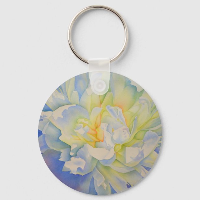 Elegant white yellow peony floral watercolor  key ring (Front)