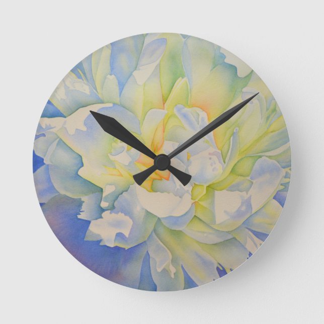 Elegant white yellow peony floral watercolor  round clock (Front)
