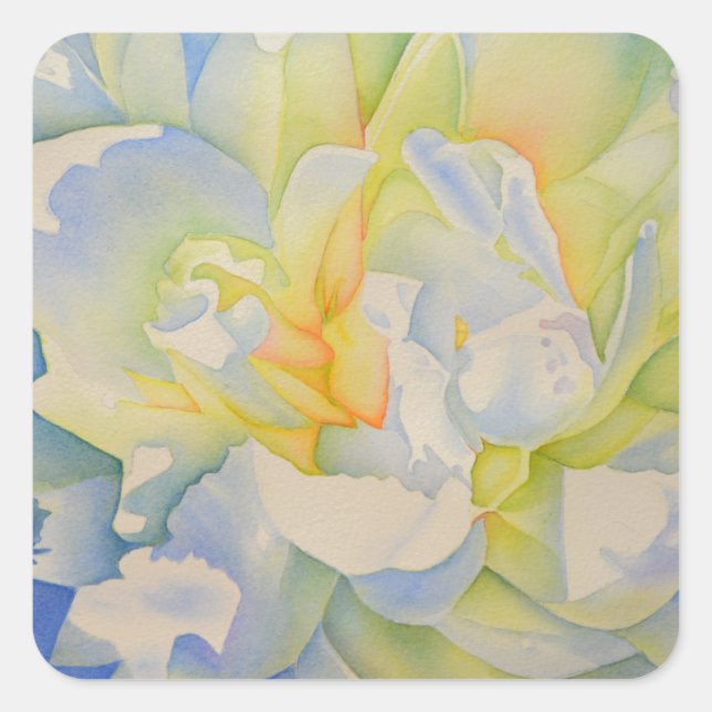 Elegant white yellow peony floral watercolor  square sticker (Front)