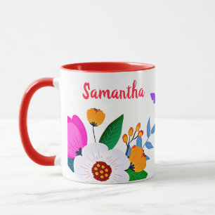 Elegant White Yellow Pink Flowers And Butterfly Mug