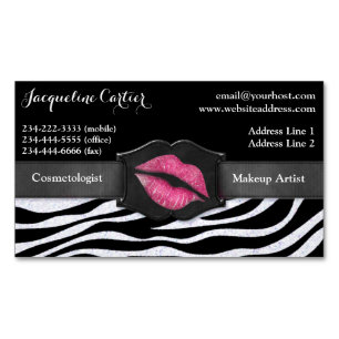 Elegant White Zebra Glitter Kiss Cosmetologist Magnetic Business Card