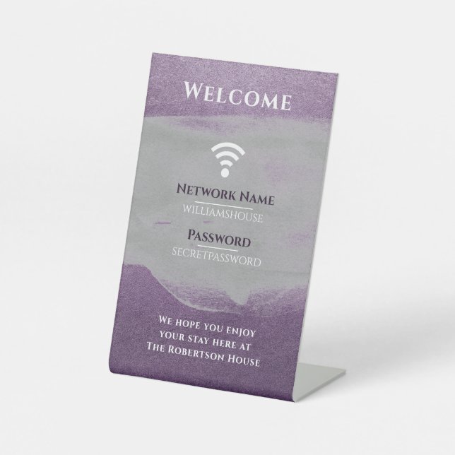 Elegant WiFi Internet Password Home Office Purple Pedestal Sign (Front)