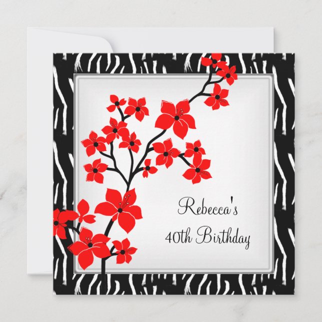 Elegant Wild Asian Red Flowers White 40th Birthday Invitation (Front)