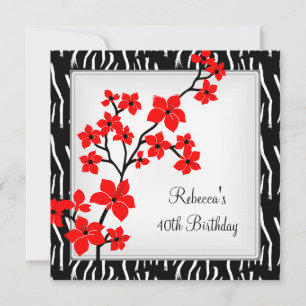 Elegant Wild Asian Red Flowers White 40th Birthday Invitation