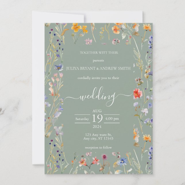 Elegant wild flower saga green wedding invitation (Front)
