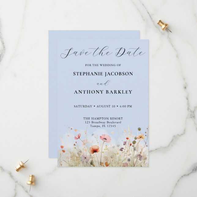 Elegant Wild Flower Save the Date Wedding Card (Front/Back In Situ)