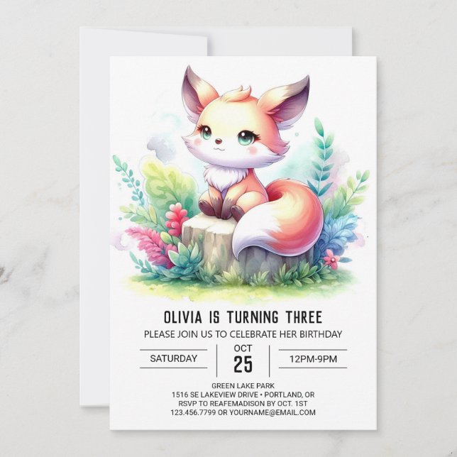 Elegant Wild Fox Birthday digital Invitation (Front)