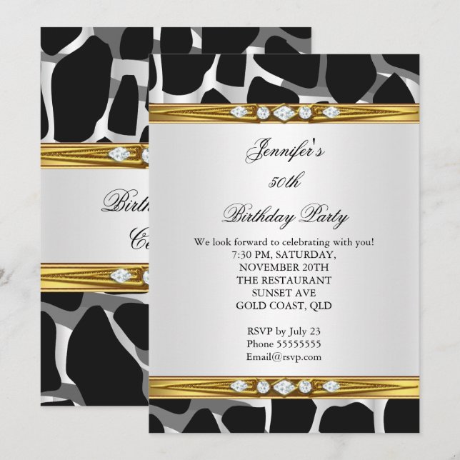 Elegant Wild Gold Black White Diamond Birthday Invitation (Front/Back)
