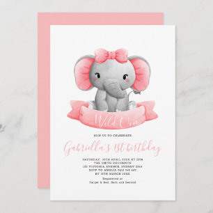Elegant Wild One Elephant Girl 1st Birthday Invitation