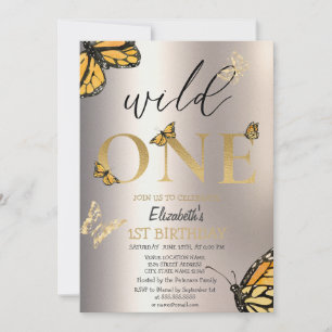 Elegant Wild One Gold Butterflies Birthday  Invitation