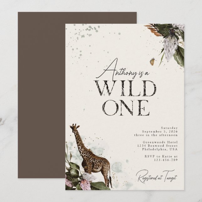 Elegant Wild One Watercolor Safari 1st Birthday Invitation (Front/Back)