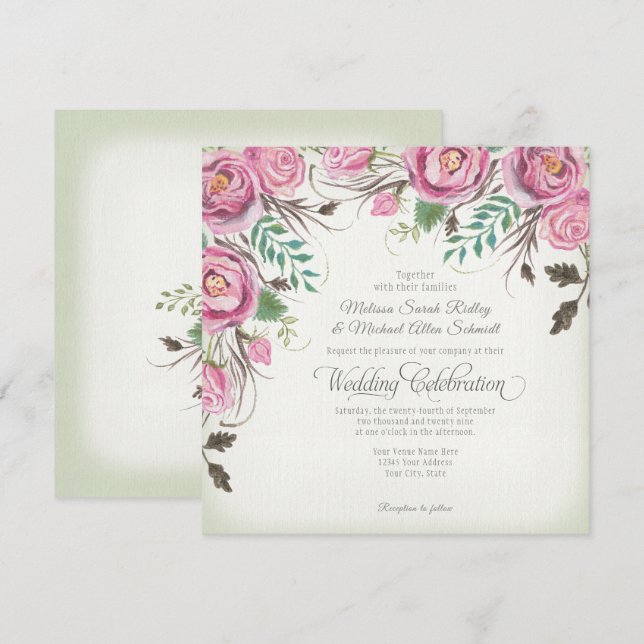 Elegant Wild Rose Floral Summer Fall Sage Wedding Invitation (Front/Back)