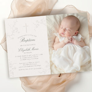 Elegant Wild Roses Delicate Ecru Photo Baptism Invitation