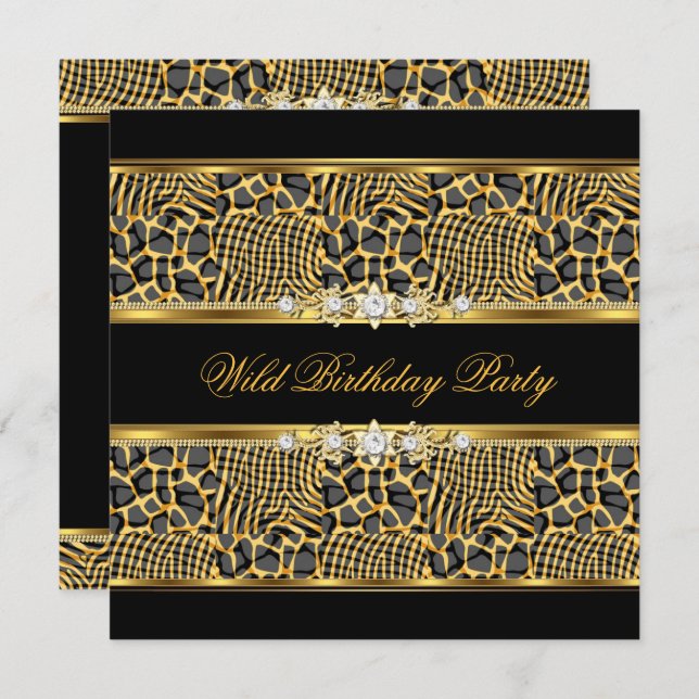 Elegant Wild Zebra Birthday Party Black Gold Invitation (Front/Back)