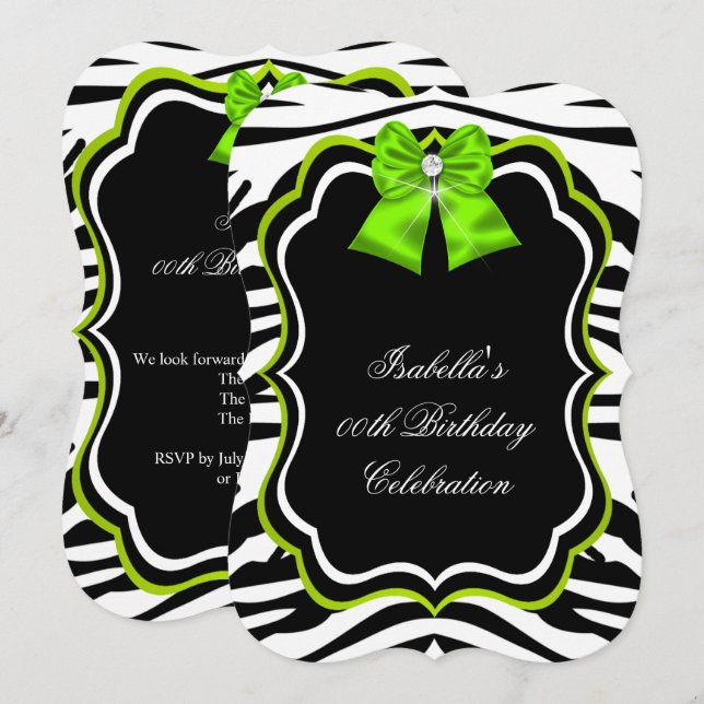 Elegant Wild Zebra Lime Green Diamond Party Invitation (Front/Back)