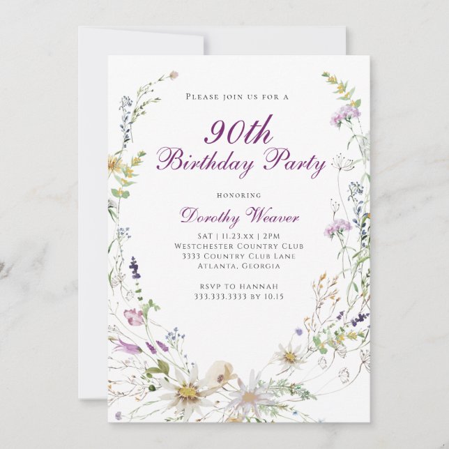 Elegant Wildflower 90th Birthday Party Invitation (Front)