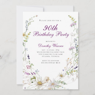 Elegant Wildflower 90th Birthday Party Invitation