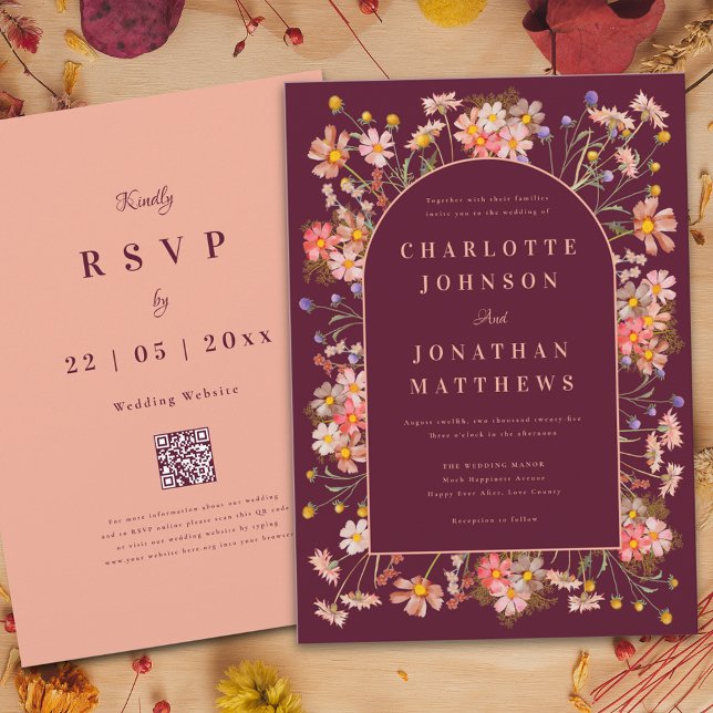Elegant Wildflower Arch Burgundy Fall Wedding Invitation (Elegant boho wildflower arch burgundy terracotta burnt orange peach fall wedding invitation )