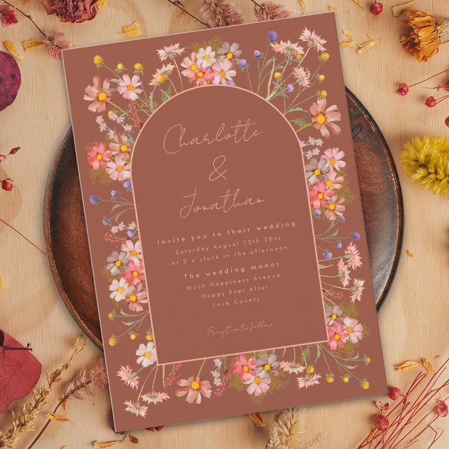 Elegant Wildflower Arch Burnt Orange Fall Wedding Invitation (Elegant wildflower arch terracotta burnt orange peach fall wedding invitation )