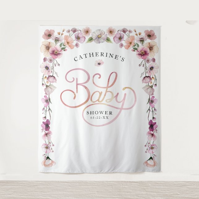 Elegant Wildflower Baby Shower Backdrop – Dusty Pi Tapestry (Front)