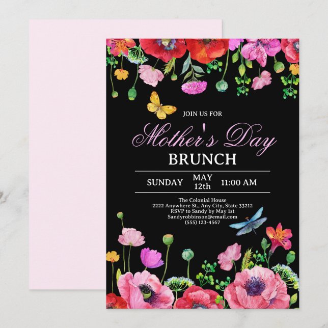 Elegant Wildflower Black Chic Mother's Day Brunch Invitation (Front/Back)