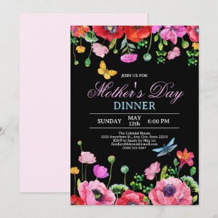 Elegant Wildflower Black Chic Mother's Day Dinner Invitation