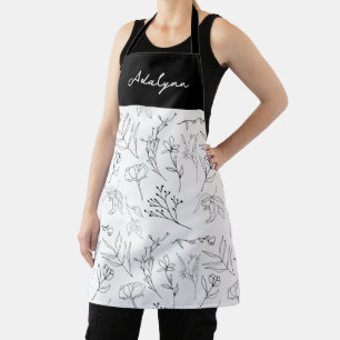Elegant Wildflower Black White Custom Name Apron