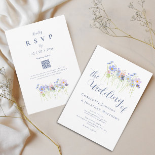 Elegant Wildflower Blue Blush Pink QR Code Invitation